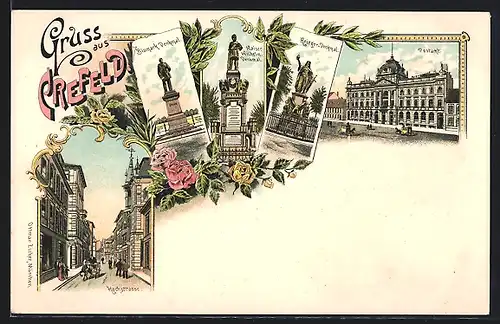 Lithographie Crefeld, Hochstrasse, Krieger-Denkmal, Kaiser Wilhelm Denkmal