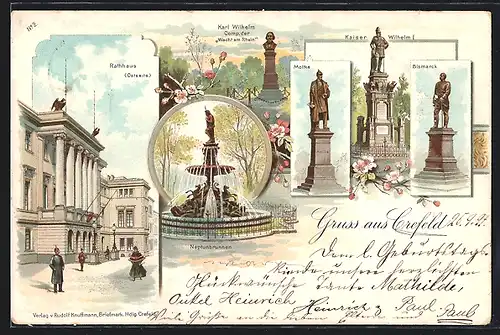 Lithographie Krefeld, Rathaus, Karl Wilhelm Comp. der Wacht am Rhein, Denkmäler Kaiser Wilhelm I., Moltke und Bismarck