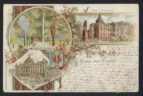 Lithographie Krefeld, Kreis- Ständehaus, Hauptpost, Partie a.d. Stadtgarten, Wappen