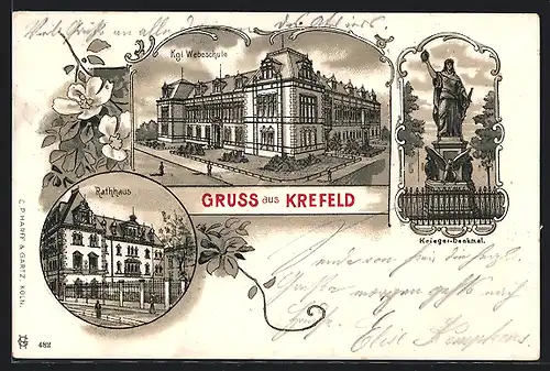 Lithographie Krefeld, Rathaus, Kgl. Weberschule, Krieger-Denkmal