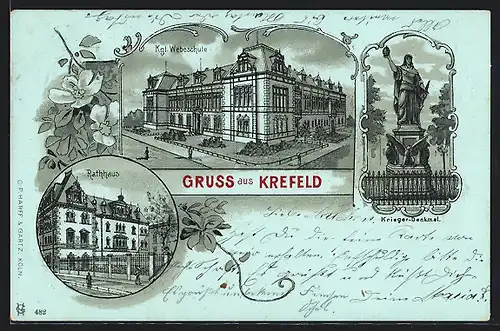 Lithographie Krefeld, Rathaus, Kgl. Weberschule, Krieger-Denkmal