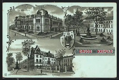 Lithographie Krefeld, Kgl. Webschule, Rathaus, Stadtwappen