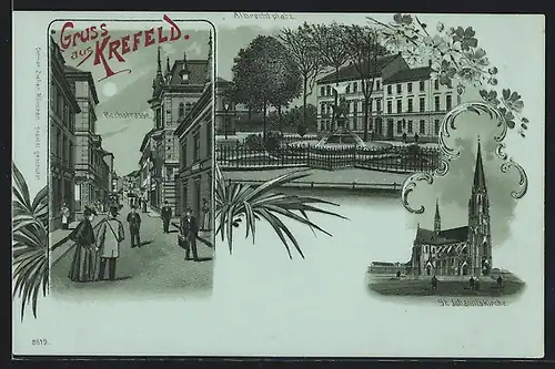 Mondschein-Lithographie Krefeld, Albrechtplatz, Hochstrasse und St. Johanniskirche