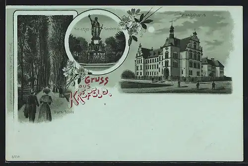 Mondschein-Lithographie Krefeld, Park-Allee, Ständehaus und Krieger-Denkmal