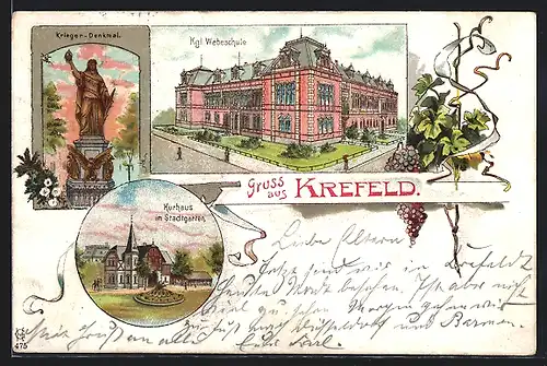 Lithographie Krefeld, Krieger-Denkmal, Kurhaus mit Stadtgarten, Kgl. Webeschule