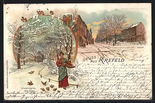 Winter-Lithographie Krefeld, Östliche Seite des Friedrichplatzes, Ostwall