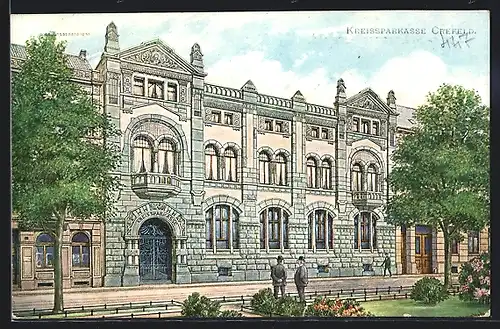 Künstler-AK Crefeld, Kreissparkasse mit Grünanlage