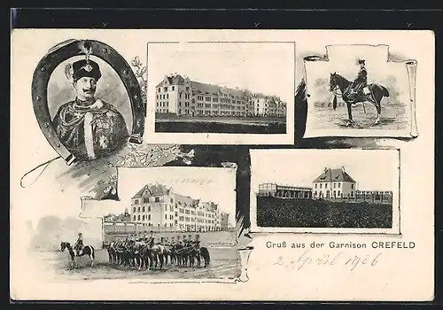 AK Crefeld, Gruss aus der Garnison, Kaserne, Soldat auf seinem Pferd