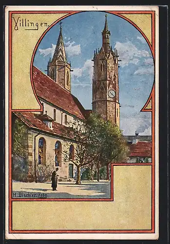 Künstler-AK Villingen, Ortspartie mit Münster