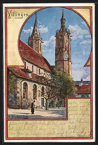 Künstler-AK Villingen, Ortspartie mit Kirche