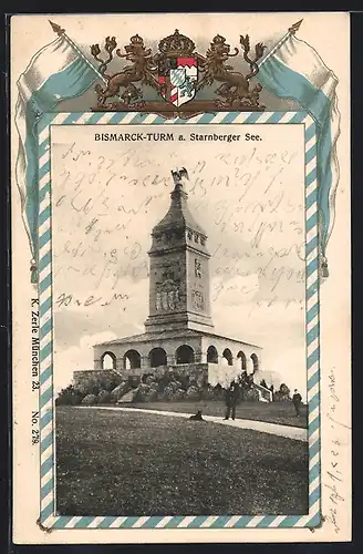 Passepartout-Lithographie Starnberg, Starnberger See, Bismarck-Turm Denkmal, Wappen
