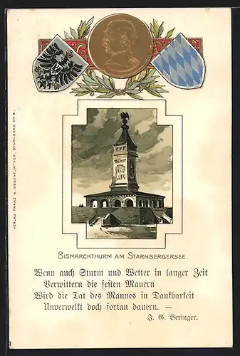 Passepartout-Lithographie Starnbergersee, Bismarckthurm, Konterfei Otto von Bismarck, Wappen