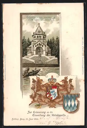 Passepartout-Lithographie Berg, Gedächtnis Kapelle für König Ludwig II., Wappen