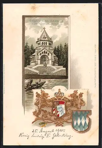 Passepartout-Lithographie Berg, Gedächtnis Kapelle für König Ludwig II., Wappen
