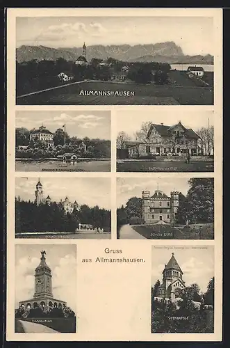 AK Allmannshausen, Gasthaus zur Post, Bismarckturm, Schloss, Votivkapelle