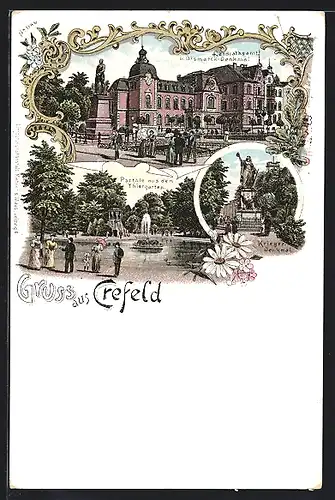 Lithographie Crefeld, Landratsamt und Bismarck-Denkmal, Kriegerdenkmal, Partie aus dem Tiergarten