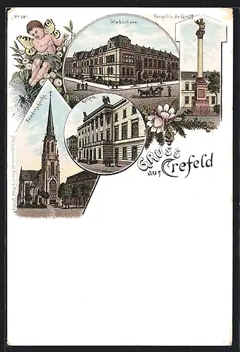 Lithographie Crefeld, Webschule, Rathaus, Friedenskirche