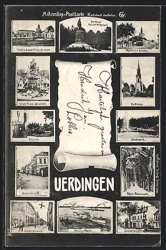 AK Uerdingen, Markt mit Kirche, Stadtpark, Rheintor, Mikroskop-Karte