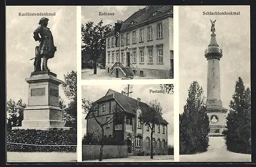 AK Fehrbellin, Rathaus, Postamt, Kurfürstendenkmal, Schlachtendenkmal