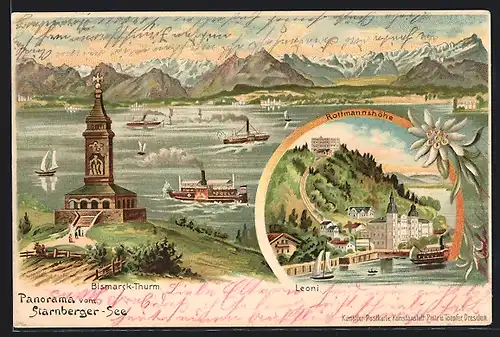 Lithographie Leoni, Blick zum Ort, Rottmannshöhe, Bismarck-Turm, Edelweiss, Dampfer