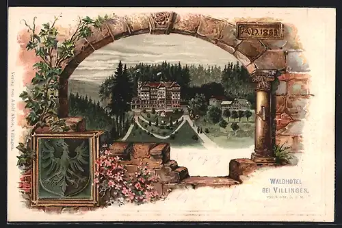 Passepartout-Lithographie Villingen, Blick zum Waldhotel mit Gästen, Wappen