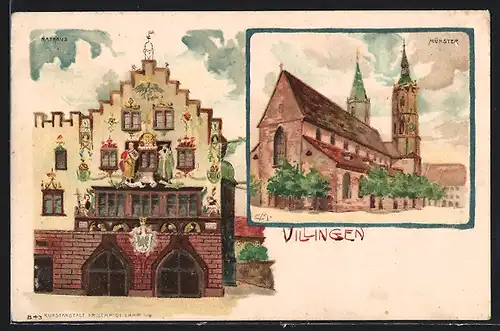 Künstler-AK Villingen, Rathaus und Münster