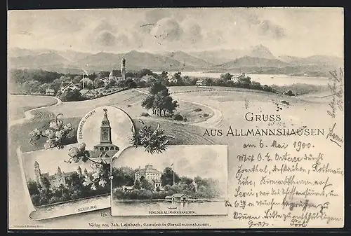 Lithographie Allmannshausen, Seeburg, Bismarck-Turm, Schloss, Ortsansicht