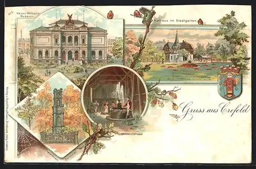 Lithographie Krefeld, Kurhaus im Stadtgarten, Kaiser-Wilhelm-Museum, Veteranendenkmal, Wappen