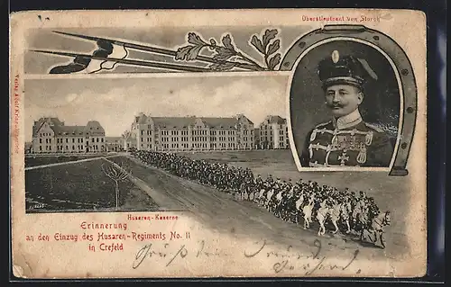 AK Crefeld, Einzug des Husaren-Regiments No. 11, Husaren-Kaserne, Oberstleutnant von Storch