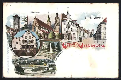 Lithographie Villingen, Bickenstrasse, Altes Rathaus, Münster