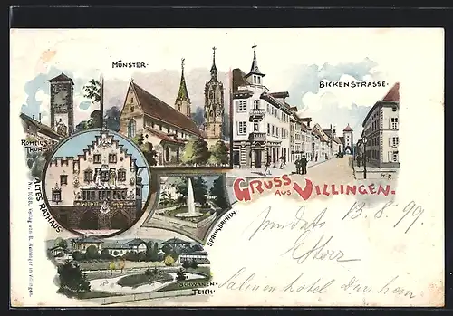 Lithographie Villingen, Bickenstrasse, Altes Rathaus, Münster