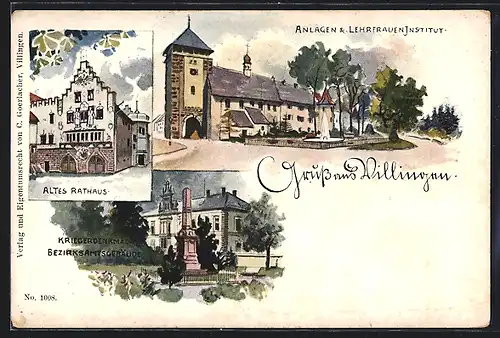 Lithographie Villingen, Altes Rathaus, Anlagen & Lehrfraueninstitut