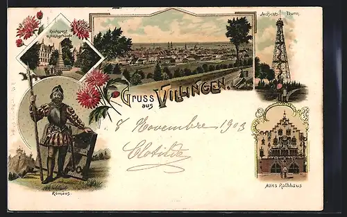 Lithographie Villingen, Reichspost und Amtsgebäude, Aussichtsturm, Altes Rathaus