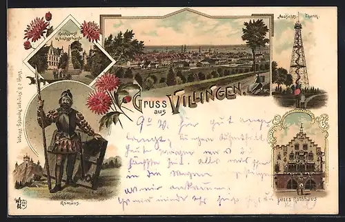 Lithographie Villingen, Totalansicht mit Altem Rathaus