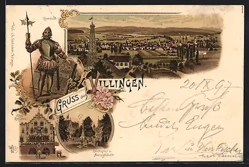 Lithographie Villingen, Reichspost und Amtsgebäude, altes Rathaus, Romeius