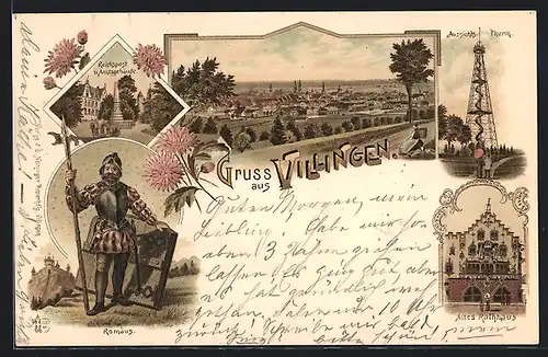 Lithographie Villingen, Reichspost und Amtsgebäude, Romäus, Aussichtsturm, Altes Rathaus