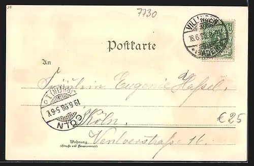 Lithographie Villingen, Reichspost und Amtsgebäude, Romäus, Aussichtsturm, Altes Rathaus