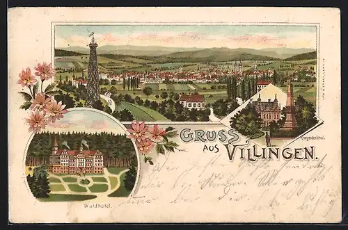 Lithographie Villingen, Waldhotel, Kriegerdenkmal, Ortsansicht aus der Vogelschau