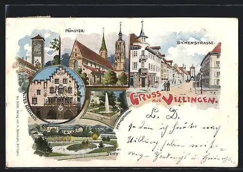 Lithographie Villingen, Münster, Altes Rathaus, Bickenstrasse, Schwanenteich, Springbrunnen