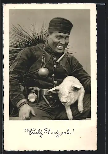 AK Schornsteinfeger mit Glücksschwein