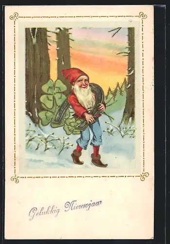 AK Zwerg läuft mit Hufeisen und Kleeblatt durch den Schnee