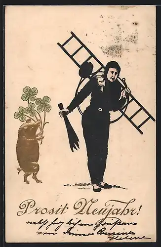 AK Schornsteinfeger mit Leiter, Glücksschwein und Kleeblatt