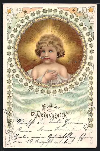 AK Kleines blondes Kind mit Strahlenkranz, Weihnachten