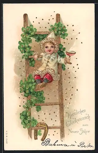 AK Neujahrsgruss, Kind auf einer Leiter mit Kleeblättern verziert stösst auf das neue Jahr an