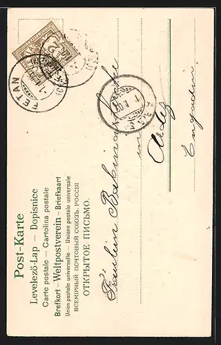 AK Neujahrsgruss, Kind auf einer Leiter mit Kleeblättern verziert stösst auf das neue Jahr an