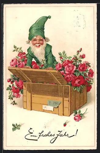 AK Zwerg springt aus einer Truhe mit Rosen