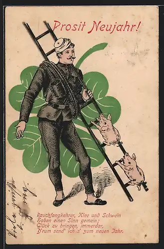 AK Neujahrsgruss mit Schornsteinfeger und Glücksklee