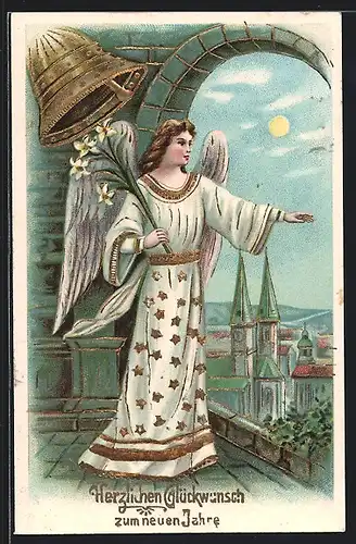 AK Neujahrsengel hält segnend die Hand über die Stadt