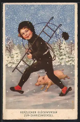 AK Schornsteinfeger rennt mit einem Schwein durch den Schnee, Neujahr