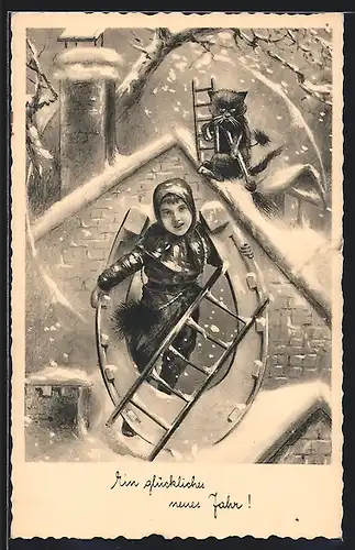 AK Schornsteinfeger im Hufeisen mit schwarzem Kater